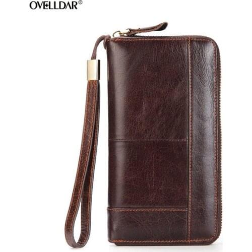 Mens Genuien Leather Wallets Long Style Business Card Holder Male Purse Zipper Wallet Large Capacity Cow Leather Wallet