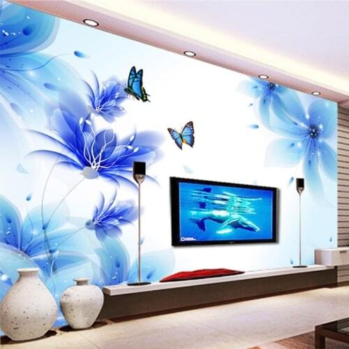 Modern Abstract 3D Blue Butterfly Flowers Photo Murals Wallpaper Living Room TV Sofa Background Wall Cloth Decor Papel De Parede