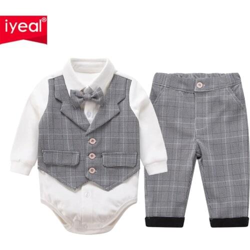 IYEAL New Fashion Gentleman Baby Clothes Set For Wedding Birthday Party Infant Newborn Fake 2 Pieces Bow Tie Rompers + Pants