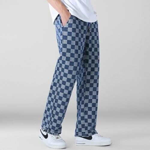 Fashion Street Plaid Print Pants y2k Aesthetic mens Jeans Straight Baggy mid Waist Retro Oversize Joggers Trouser Hip hop pants