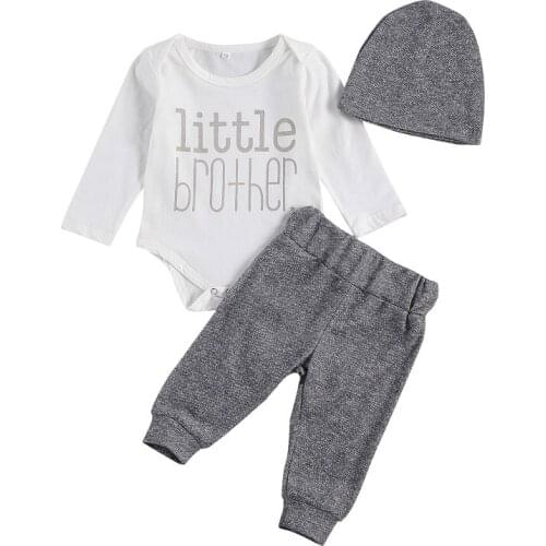 0-18M Little Brother Newborn Baby Boy Long Sleeve Cotton Bodysuit Tops Long Pant Trouser Hat 3PCS Baby Clothing Set