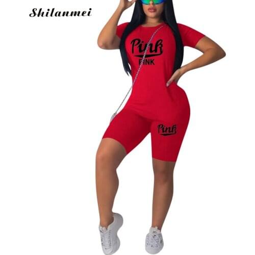 Polyester Two Piece Set Women Pink Outfit Summer Tracksuit Clothing Letter Print Matching Casual 2 Piece Biker Short Sets