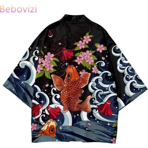 Plus Size 6XL Carp China Style Beach Harajuku Japanese Sets Fashion Kimono Men Women Cardigan Haori Obi Asian Clothes Pant Suit