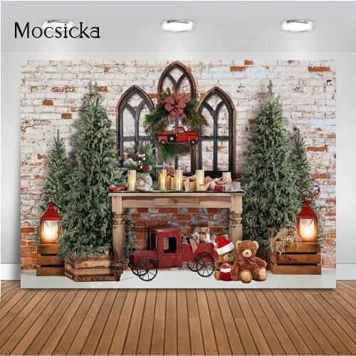 Christmas Tree Red Truck Backdrop for Photography Toy Bear Children Baby Portrait Background for Photo Studio Photocall Decor