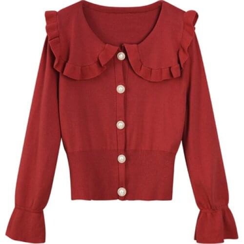 Chic Women Ruffles Long Sleeve Blouse Flare Sleeve Button Shirt Plain Peter Pan Collar Knitted Tops
