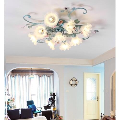 Blue Ceiling Lamp Living Room Flower Rose Metal Alloy Art Retro Bedroom Lamp LED Girl Room Frosted Glass Lampshade Lighting D113