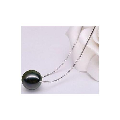 18"10mm Tahitian genuine perfect round black pearl necklace pendant chain