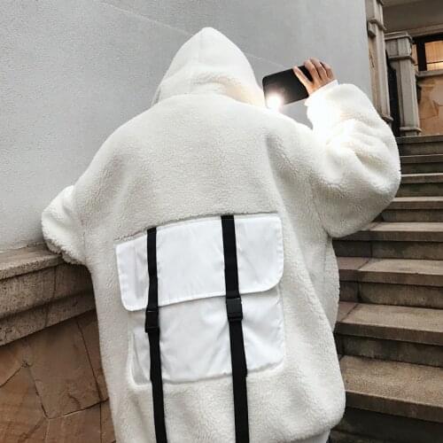 Plus Velvet Thickening Hong Kong Wind New Faux Lamb Fur Tide Hoodie Mens Solid Color Pullover Gray / Black / White