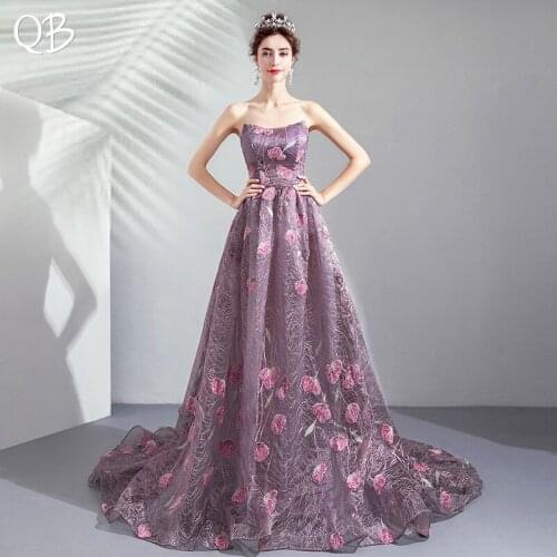 Vintage Purple A-line Tulle Lace Flowers Elegant Evening Dresses 2020 New Fashion Long Formal Evening Gowns XH421