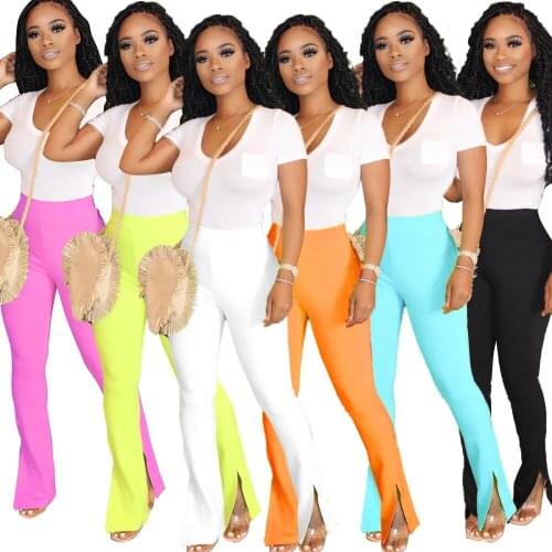 AJ4109 ladies flared pants fashion all-match hot sale solid color slim slimming split micro flared sweatpants