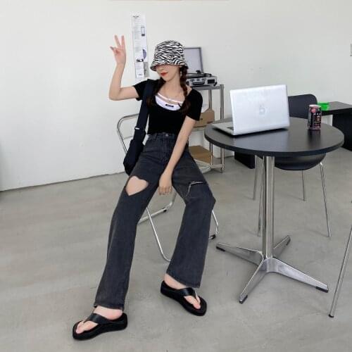 Woman Heart-Shaped Ripped Jeans High Waist Straight Jeans Wide Leg Denim Hole Trousers Streetwear Fashion Vintage Loose Pants