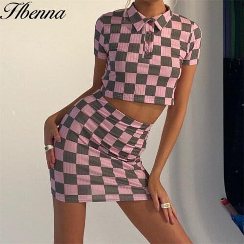 Hbenna 2 Pieces Sets Women Plaid Print Y2K Outfit Turn-Down Collar Short Crop Top And Skirts Summer 2021 Casual Slim Streetwear
