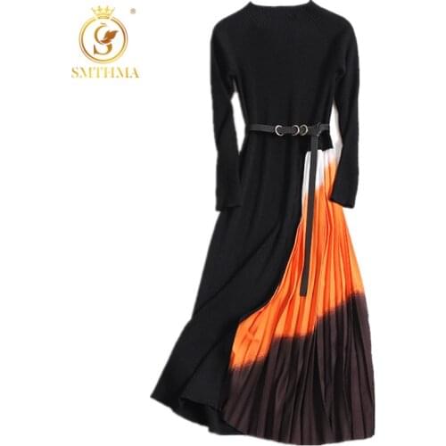 New Autumn Winter Vintage Elegant Knit Long Sleeve Midi Work Office Lady Pleated Dress Slim Formal Gradient Women Clothes 2021