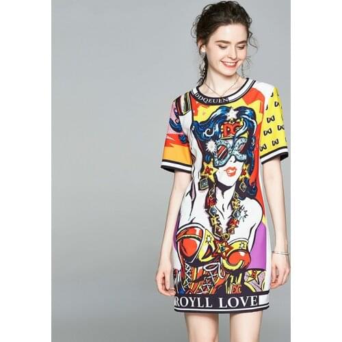 Fashion Cartoon Pattern Print Dress Womens Summer Street Dress Female Loose Angel Character Beauty Runway Long T-shirt Dress