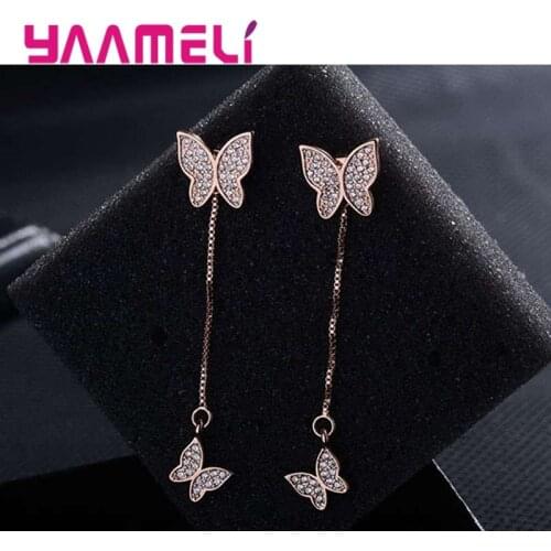 1Pair Fashion Crystal Two Butterfly Drop Earrings Feather Ear Cuff Long Tassels Charm Fine Jewelry Gifts For Women