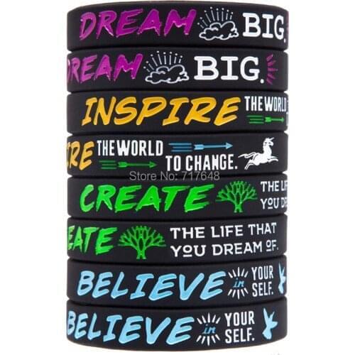 100pcs Motivational Inspirational Quote Dream Inspire Create Believe wristband silicone bracelets free shipping by ePacket A
