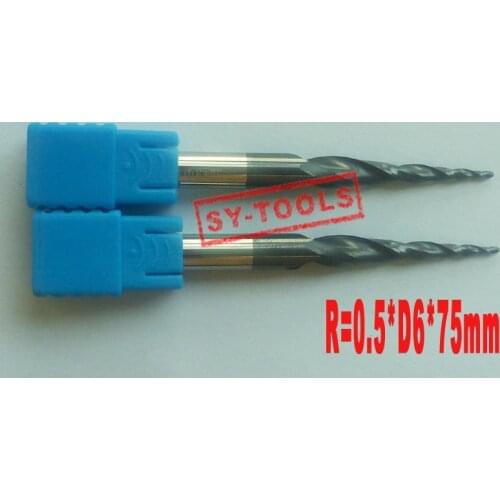 2PCS R0.5*D6*30.5*75L*2F HRC55 Tungsten solid carbide Coated Tapered Ball Nose End Mills taper and cone endmills