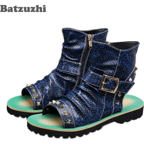 2018 Brand New Men Leather Sandals Punk with Rivets Open Toe Ankle Sandal Boot Leather Blue Men Gladiator Summer Sandalias, US12