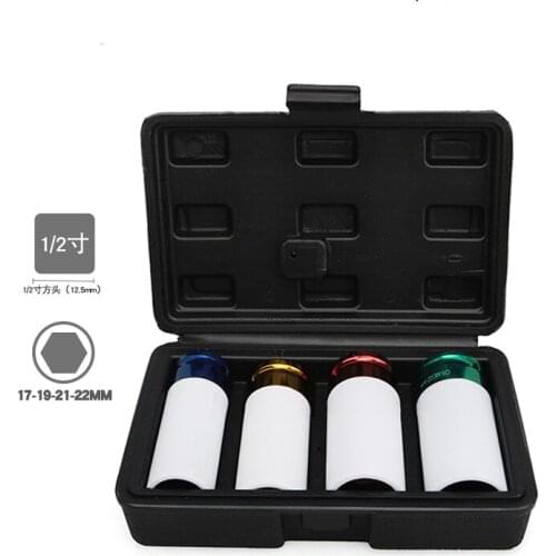 4Pcs 1/2" DR Tire Protection Sleeve Wall Deep Impact Nut Socket Alloy Wheel 17mm 19mm 21mm 22mm Deep Impact Nut Socket Set