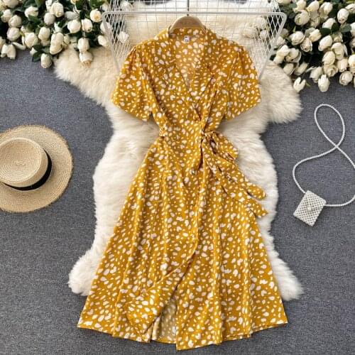 Croysier Dresses For Women 2021 Elegant Notch Lapel Belted Midi Dress Vintage Print Short Sleeve Buttoned Casual Summer Dress