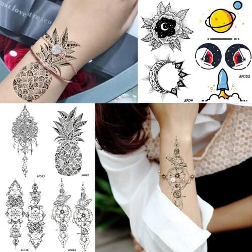 Henna Flowers Women Temporary Tattoo Stickers Arm Sleeve Pineapple Water Transfer Tatoos Fake Black Body Art Arm Tattoo Planets