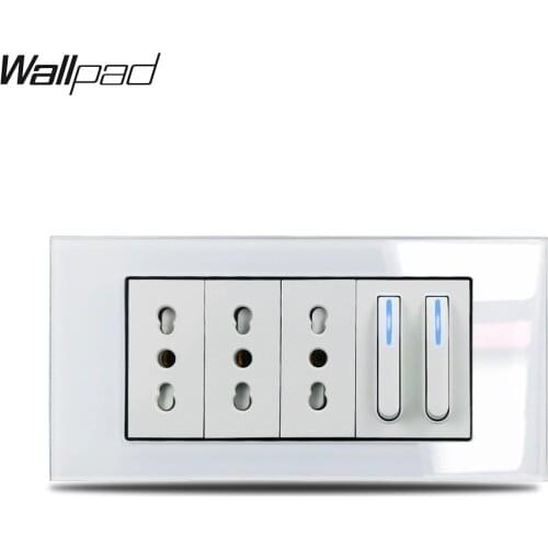 153*75mm 2 Button Piona Switch and 3 Italian Socket Wallpad L3 White Glass Panel 16A 3 Italy Power Socket and 2 Gang Switch