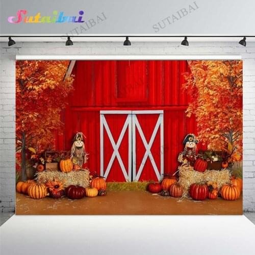 Autumn Pumpkin Photography Backgrounds Fall Red Barn Wood Door Harvest Haystack Maple Leaf Baby Shower Backdrop Photo Studio