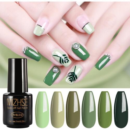 MIZHSE 7ML Nail Gel Polish Pure Green Series Semipermanent Soak Off UV LED Lamp Fingernail Glue for Nails Art