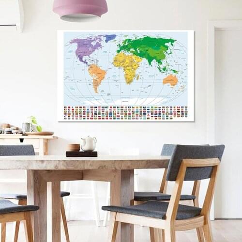 World Map 5*3 Feet Political Map with National Flags Decorative Canvas Painting Wall Art Poster Enducation Supplies Home Decor