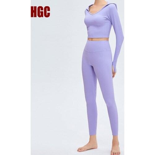 HGC Yoga Set Women Hooded Long Sleeve Sportwear Workout Tracksuit Leggings And Top Gym Clothes Suit For Fitness Sport Outfit