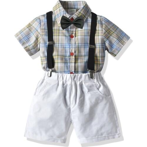 Boy Wedding Suit 2021 Boys New Plaid Short-Sleeved Shirt Suspenders Shorts Gentleman Four-Piece Children Summer Suit Boy Clothes