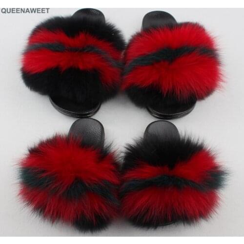 Fur Sandals Vogue Wholesale Fluffy Slippers Real FOX Fur Slides Indoor Flip Flops Casual Shoes For Mommy And Kids