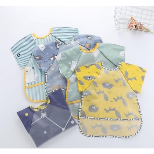 Quaslover Baby Stuff Bibs Cotton Cartoon Children Accessories Short Sleeve Waterproof Washable Clothing For Baby Feeding