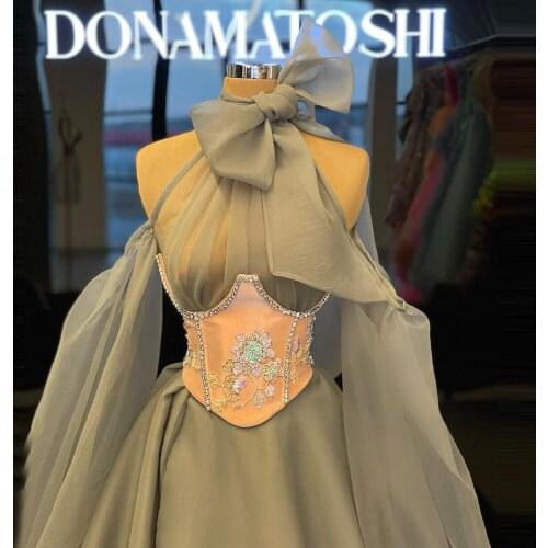 New Arrival Tulle Evening Dresses Bow High Neck Cap Sleeves Organza With Corset Long With Train Pageant Prom Gowns