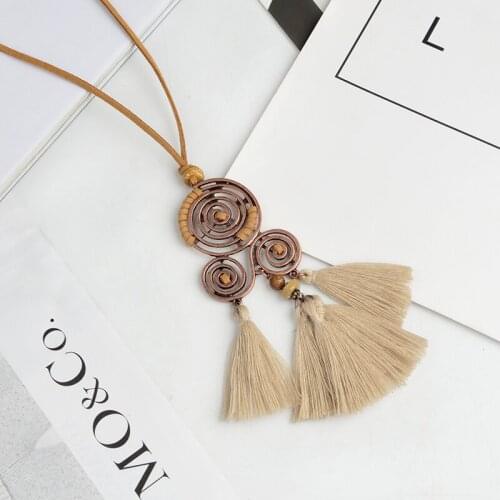 Tassel necklace Spiral bronze pendant beige green tassel necklace Long chain necklace Women jewelry Bohemian jewelry