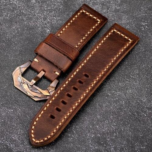 Suitable For Bronze Watch Watchband 20 22 24MM Thick leather Strap, Hand-Stitched Mens Italian cowhide Bracelet