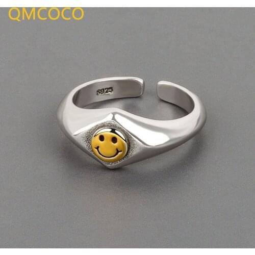 Punk Style 925 Silver Geometric Smile Face Opening Adjustable Ring Minimalist Fine Jewelry For Women Party Gift