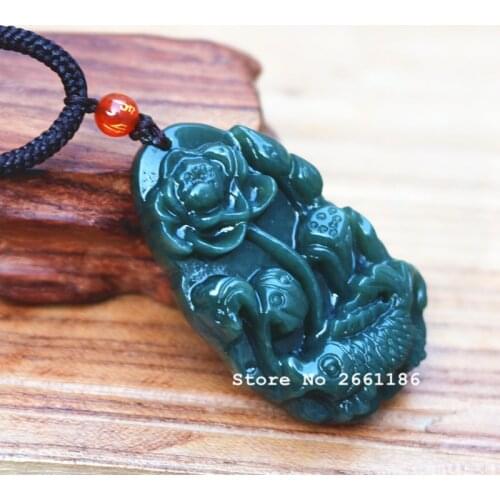 Certificate Natural Green Jades Pendant Carved Lotus and Fish Lucky Pendant Necklace Gift for Womens Fashion Jewelry Free Rope