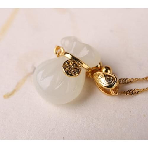 SNew silver inlaid natural Hetian Chalcedony bag shape pendant necklace female charm charm high sense niche design jewelry