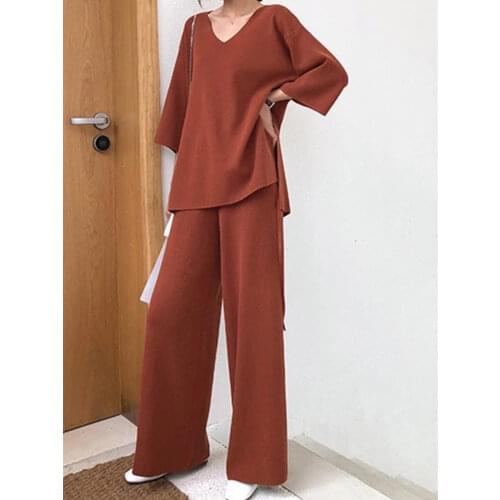 Knitting Female Sweater Pantsuit For Women Two Piece Set Pullover V-Neck Long Sleeve Bandage Top Wide Leg Pants Suit