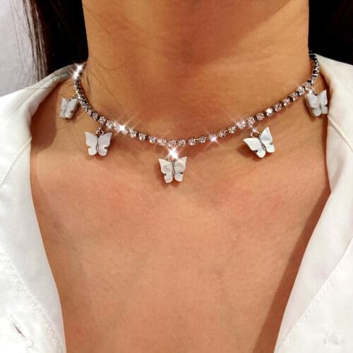 JUST FEEL New Fashion Cute Butterfly Pendant Necklace for Women Silver Color Crystal Tennis Chain Necklace Wedding Jewelry Gift