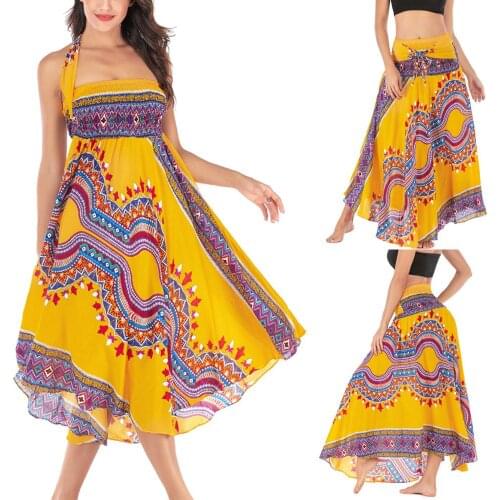 2020 Womens Long Hippie Bohemian Gypsy Boho Beach Casual Flower Elastic Waist Floral Halter Skirt Geometric Skirts travel June