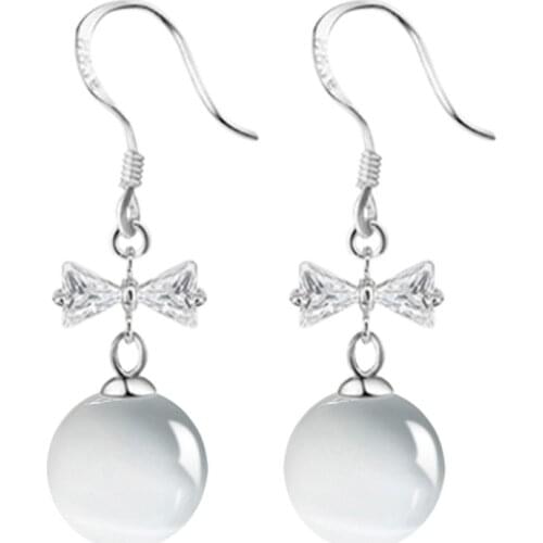 S925 Silver Earring CZ Bow Opal Tassel Drop Earring For Women Wedding Gift Lady Girl Fashion Jewelry