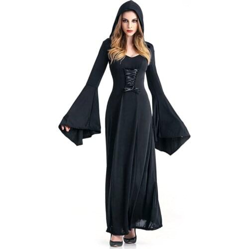 Women Hooded Robe Costume Halloween Cosplay Costumes Hooded Robe Lace Up Long Hoodie Dress Cloak Halloween