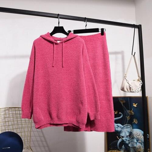 2021 Autumn Vintage Two Piece Set Women Hooded Pullover Long Sleeve Knitted Sweater + Casual Dress Sets Female Clothes H1332