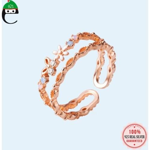 ElfoPlataSi Authentic 925 Sterling Silver Sweet Double Layer Butterfly Flower Adjustable Ring for Women Wedding Jewelry DD843