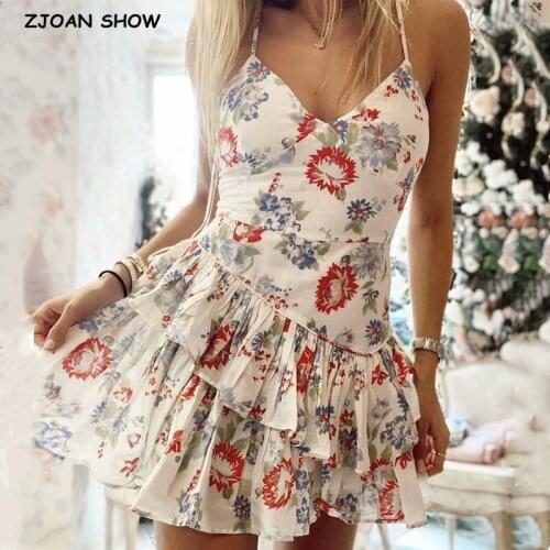 2021 Retro Summer Cross Bandage Backless Spaghetti Strap Dress Retro Sexy Women V neck Ruffles Sling Dresses Holiday Robe