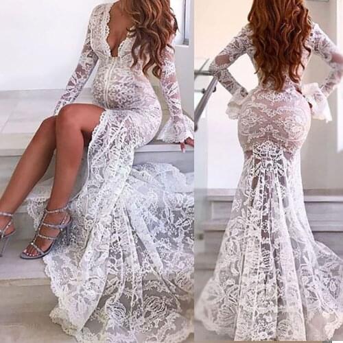 Ladies Evening Dresses V Neck Long Sleeves Lace Appliques Split Robes for Photo Shoot Baby Shower Ruffle Women Photography Robe
