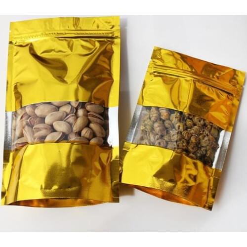 100pcs Gold Stand Up Aluminum Foil Zipper Food Valve Reusable Packing Bags Mylar Foil Clear Window Food Storage Packaging Pouch