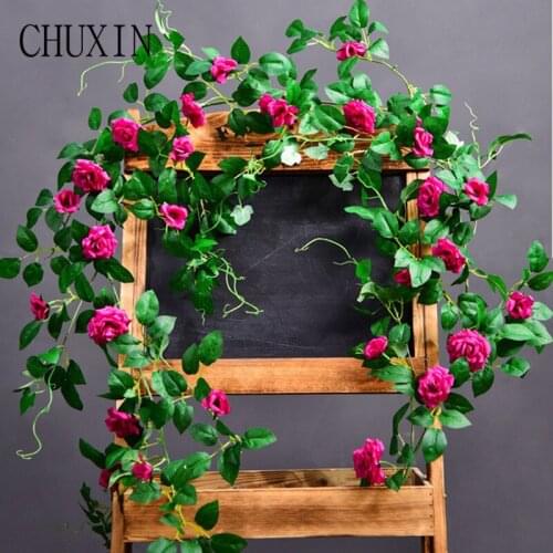 180cm Silk roses vine with green leaves artificial flower for home wedding decoration fake leaf diy hanging garland 27 roses